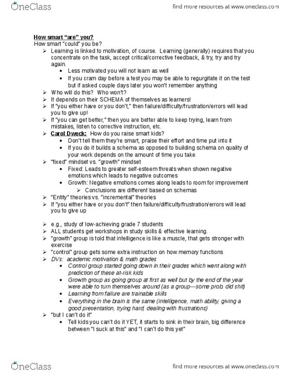 PSY100H1 Lecture Notes - Lecture 20: Carol Dweck, Mindset, Study Skills thumbnail