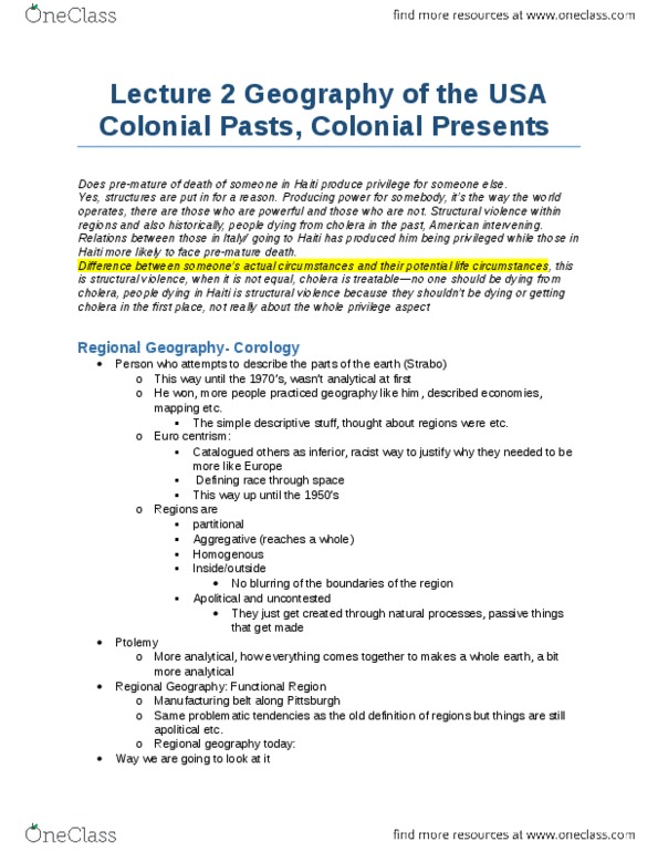 GGR254H1 Lecture Notes - Lecture 2: European Colonialism, Structural Violence, Columbian Exchange thumbnail