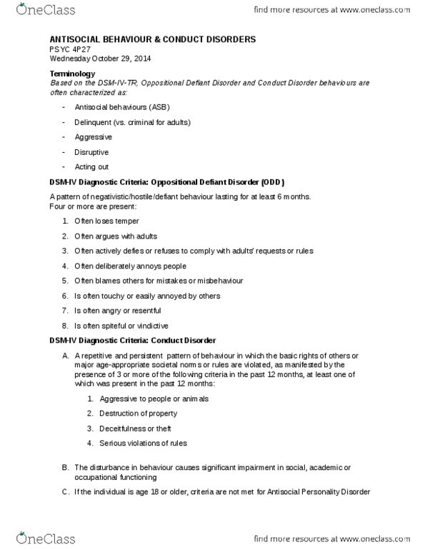 PSYC 4P27 Lecture Notes - Lecture 7: Oppositional Defiant Disorder, Antisocial Personality Disorder, Conduct Disorder thumbnail