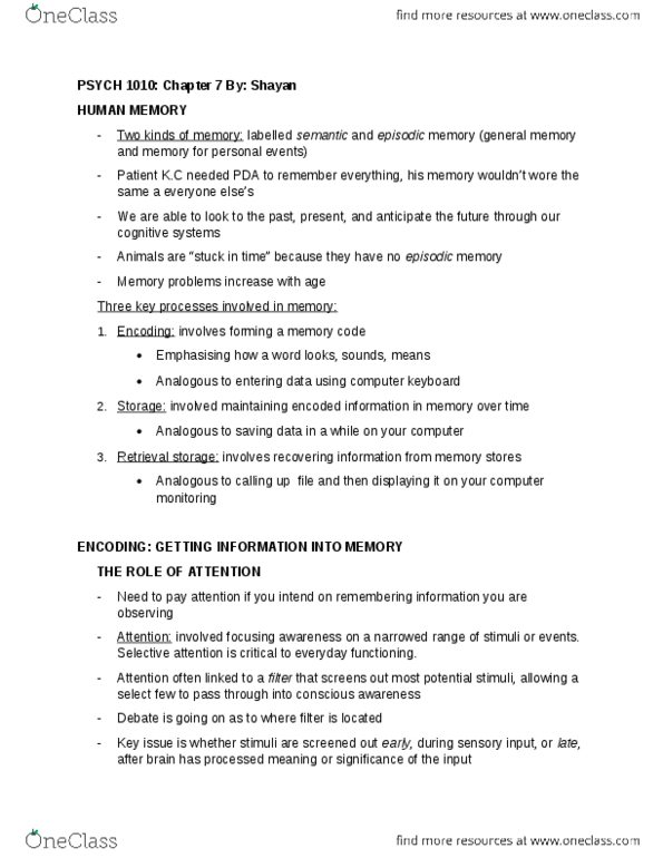 PSYC 1010 Lecture Notes - Lecture 7: Connectionism, Fergus I. M. Craik, Semantic Memory thumbnail