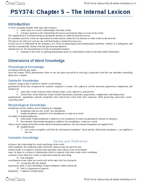 PSY374H5 Chapter Notes - Chapter 5: Interjection, Hyponymy And Hypernymy, Preposition And Postposition thumbnail