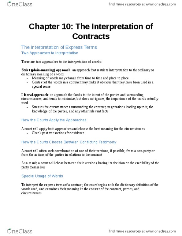 BU231 Chapter Notes - Chapter 10: Parol Evidence Rule, Contra Proferentem, Standard Form Contract thumbnail