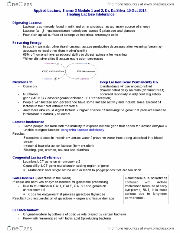 BIOLOGY 1A03 Lecture Notes - Lecture 17: Lactose Intolerance, Fermented Milk Products, Galactosemia thumbnail