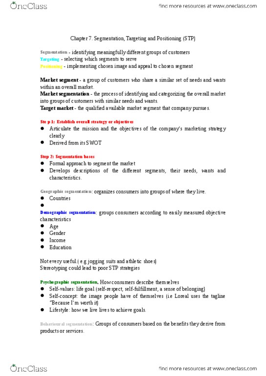 MKT 100 Lecture Notes - Lecture 7: Market Segmentation, Loyalty Program, Target Market thumbnail