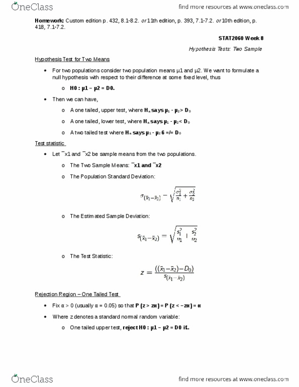 STAT 2060 Lecture Notes - Lecture 22: Null Hypothesis, Test Statistic, Type I And Type Ii Errors thumbnail