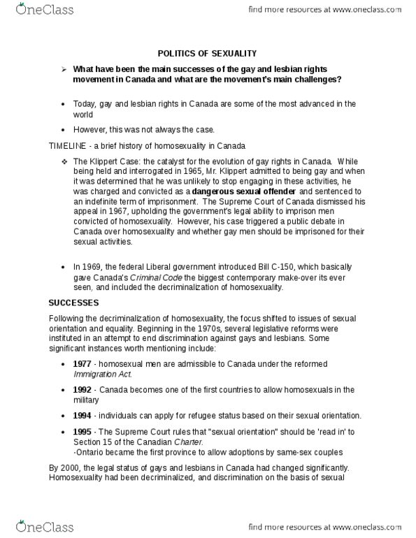POL 4320 Lecture Notes - Lecture 7: Joe Comuzzi, Civil Marriage Act, Egale Canada thumbnail