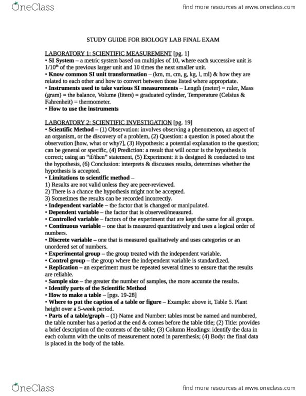 BIOL 1103 Final Bio Lab STUDY GUIDE FOR BIOLOGY LAB FINAL EXAM (full