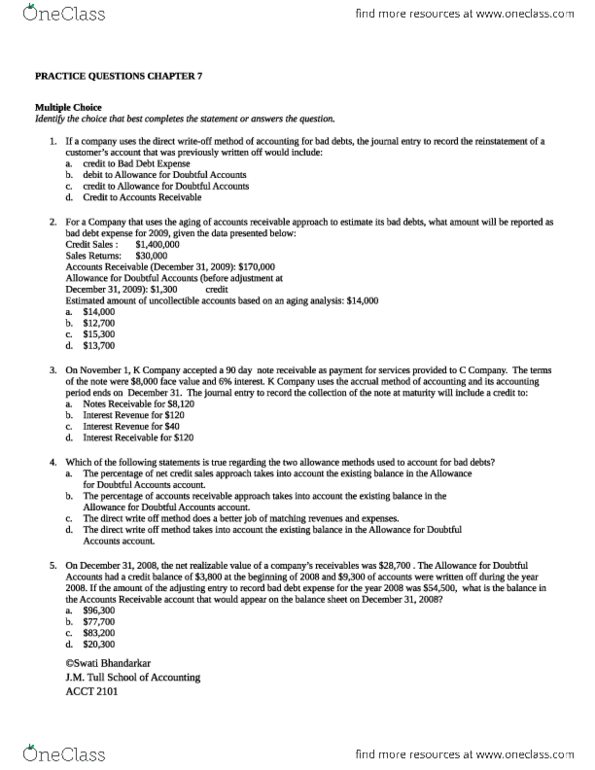 ACCT 2101 : ACCT 2101 CHAPTER 7 practice questions (got best mark for ...