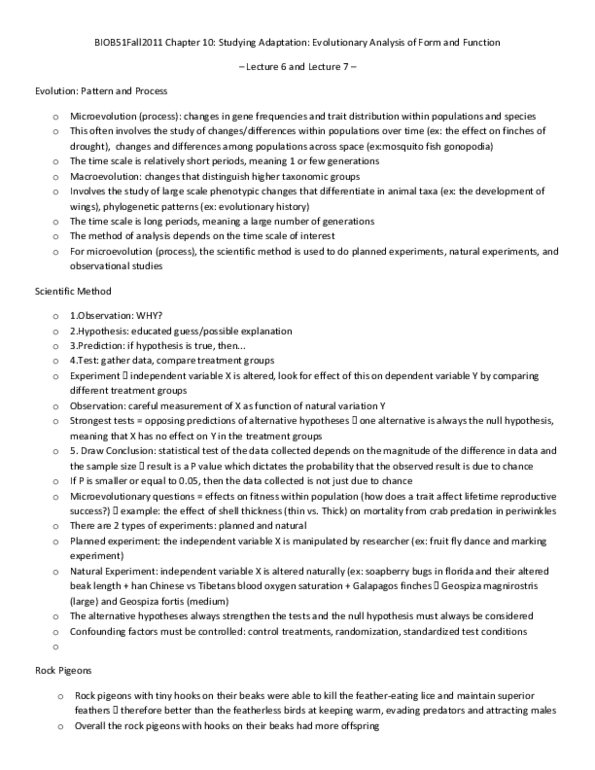 BIOB51H3 Lecture : Chapter 10 Notes Studying Adaptation (Lectures 6 and 7 - Fall2011) thumbnail