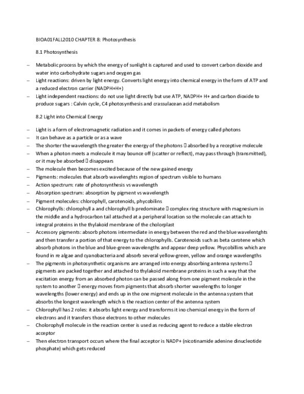 BIOA01H3 Chapter Notes - Chapter 8: 3-Phosphoglyceric Acid, Leat, Photosystem thumbnail