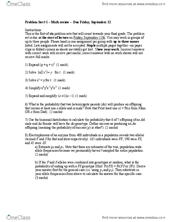 BIO 3119 Lecture Notes - Lecture 1: Electrophoresis, Allele Frequency, Problem Set thumbnail