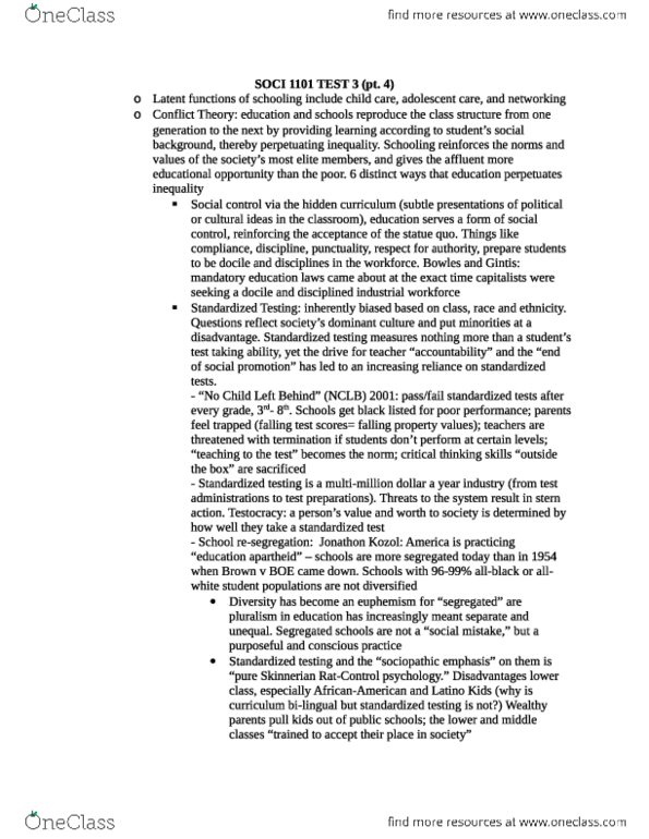 SOCI 1101 Midterm: SOCI 1101 TEST 3 Pt. 4 - OneClass