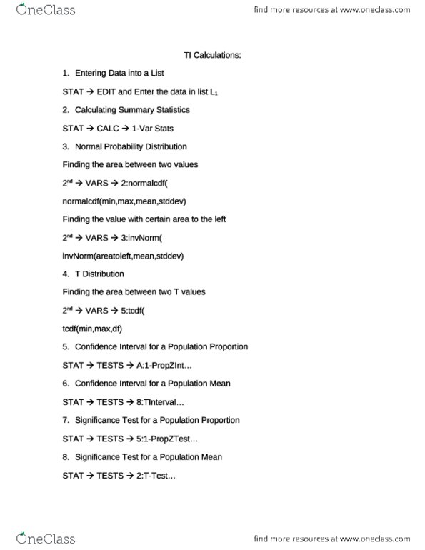 MIST 2090 Quiz Test 1 Formula Sheet and TI OneClass