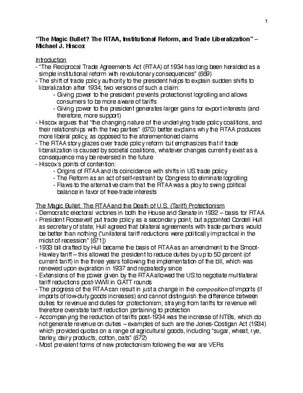 POLI 354 Lecture Notes - Reciprocal Tariff Act, Free Trade, Cordell Hull thumbnail