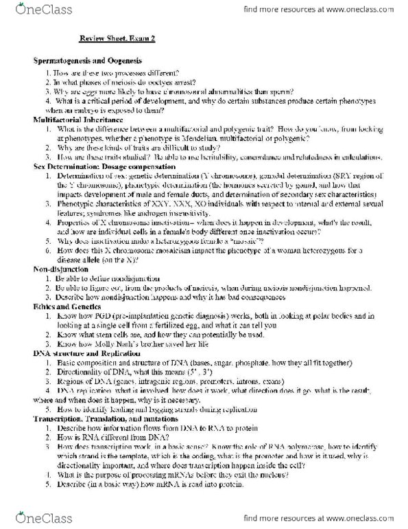 Biol 1162 Final Review Sheet For Exam 2 Must Read For Final Oneclass