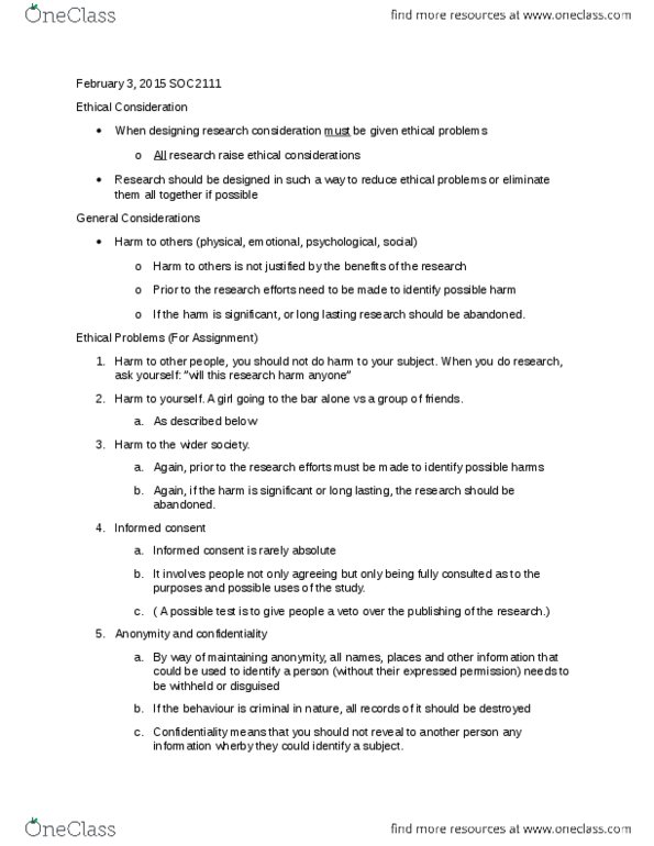 SOC 2111 Lecture Notes - Lecture 6: Honestreporting, Nacirema, Informed Consent thumbnail