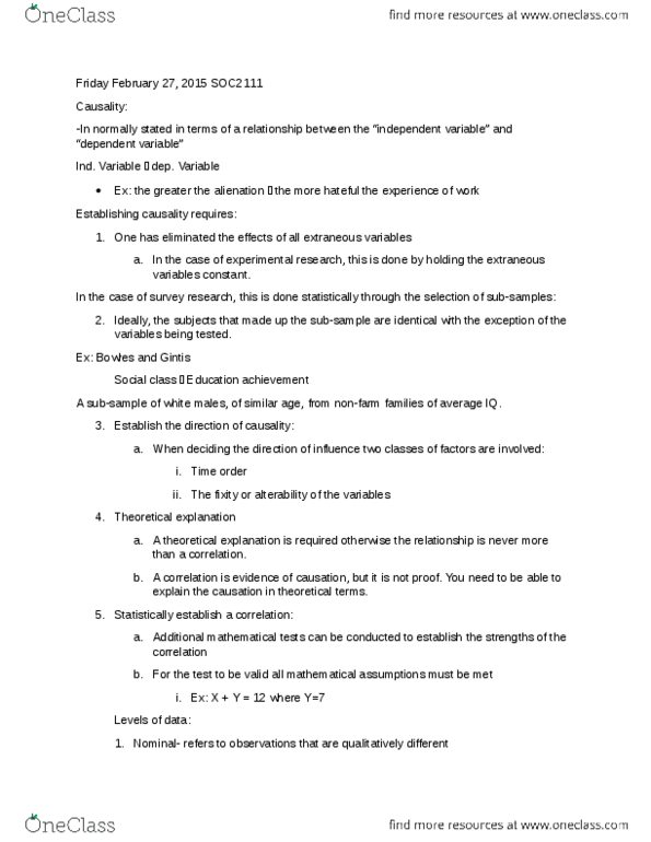 SOC 2111 Lecture Notes - Lecture 10: Questionnaire Construction, Dependent And Independent Variables, Social Class thumbnail