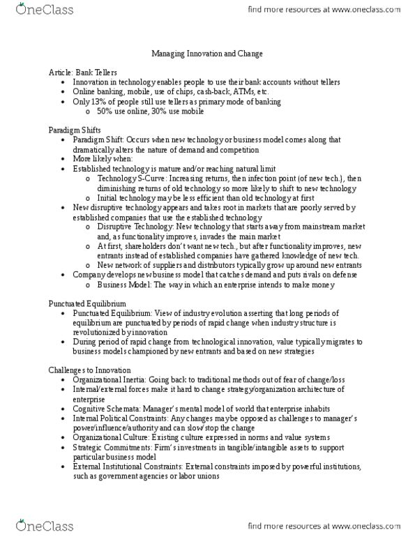 MGM102H5 Lecture Notes - Lecture 3: Online Banking, Disruptive Innovation, Organizational Culture thumbnail