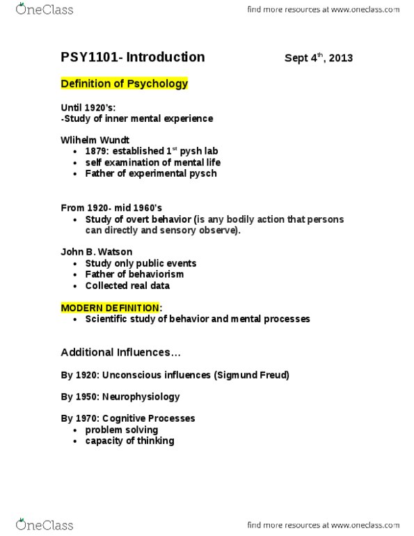 PSY 1101 Lecture Notes - Lecture 1: Tabula Rasa, Sigmund Freud, B. F. Skinner thumbnail