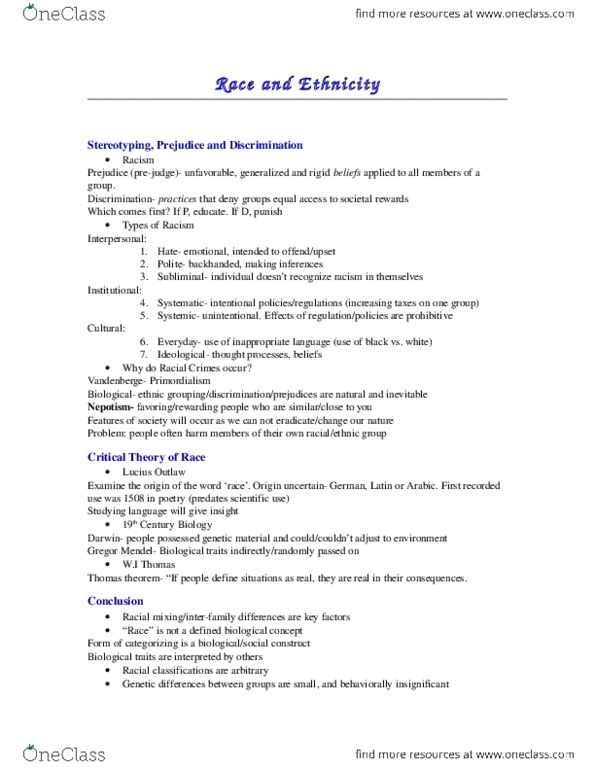 SOCI 201 Lecture Notes - Lecture 13: Stereotype thumbnail