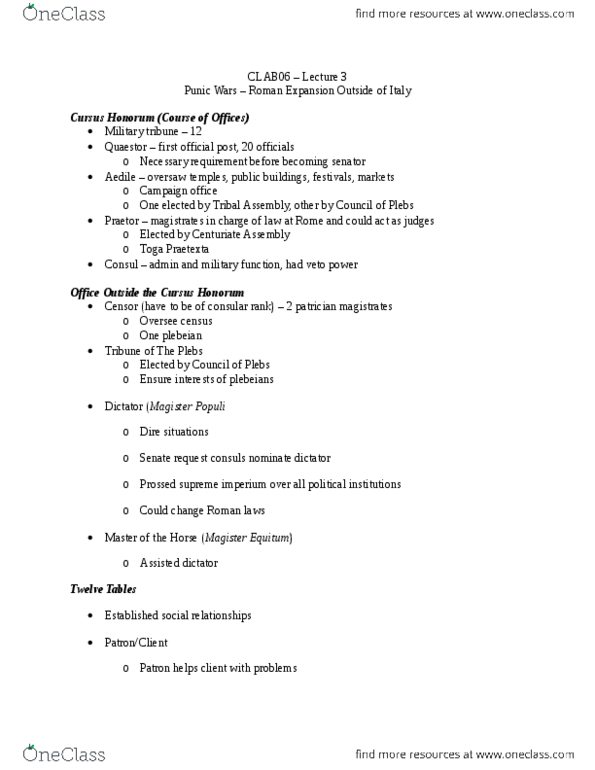 CLAB06H3 Lecture Notes - Lecture 3: Roman Citizenship, Twelve Tables, Military Tribune thumbnail