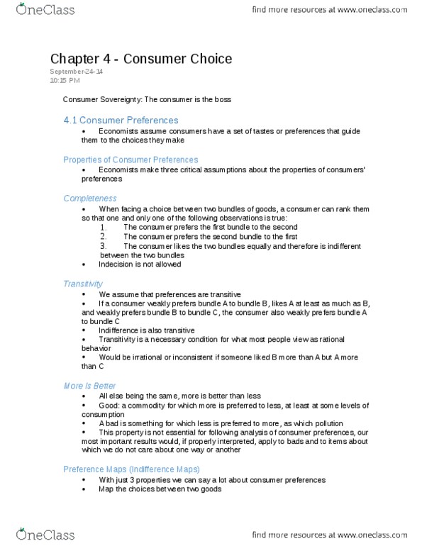 Economics 2129A/B Chapter Notes - Chapter 4: Budget Constraint, John Stuart Mill, Indifference Curve thumbnail