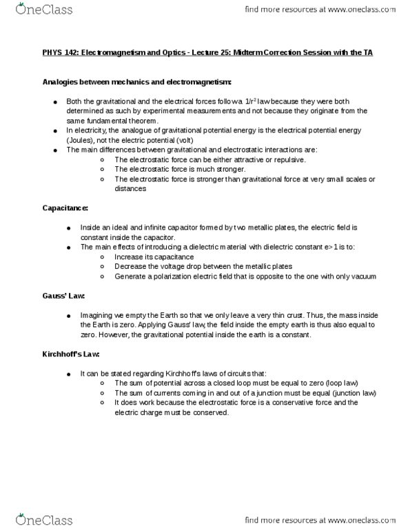 PHYS 142 Lecture Notes - Lecture 25: Relative Permittivity, Conservative Force, Dielectric thumbnail