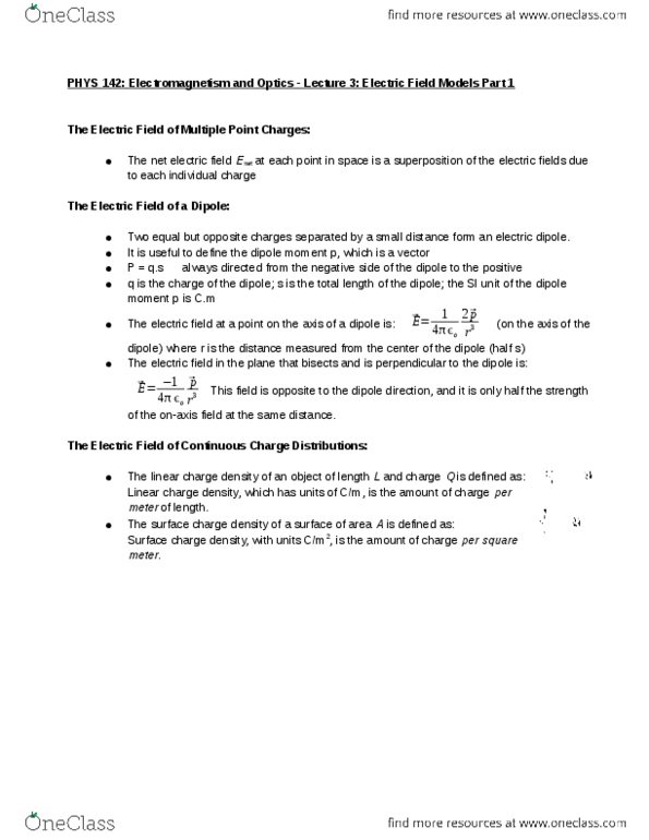 PHYS 142 Lecture Notes - Lecture 3: Surface Charge, Electric Dipole Moment, Electric Field thumbnail