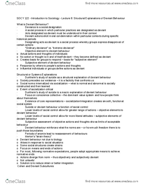 SOCY 122 Lecture Notes - Lecture 8: Anomie thumbnail