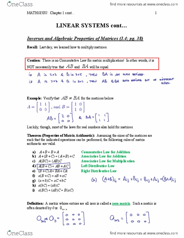 Applied Mathematics 1411A/B Lecture Notes - Lecture 3: Invertible Matrix, Transpose, Elementary Matrix thumbnail