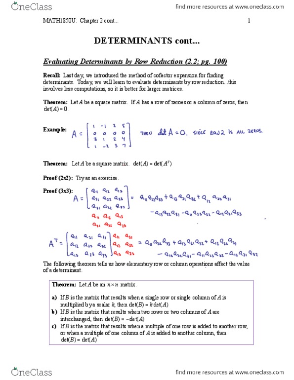 Applied Mathematics 1411A/B Lecture Notes - Lecture 6: Laplace Expansion, Elementary Matrix, Triangular Matrix thumbnail