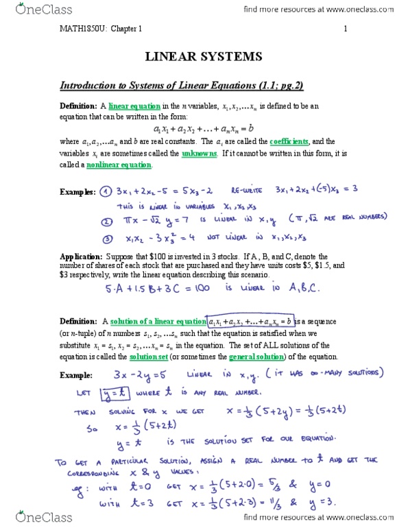 Applied Mathematics 1411A/B Lecture Notes - Lecture 1: Global Positioning System, Solution Set, Gaussian Elimination thumbnail