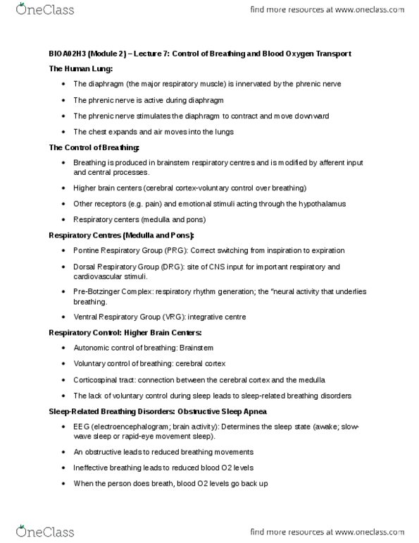 BIOA02H3 Lecture Notes - Lecture 18: Phrenic Nerve, Obstructive Sleep Apnea, Cerebrospinal Fluid thumbnail