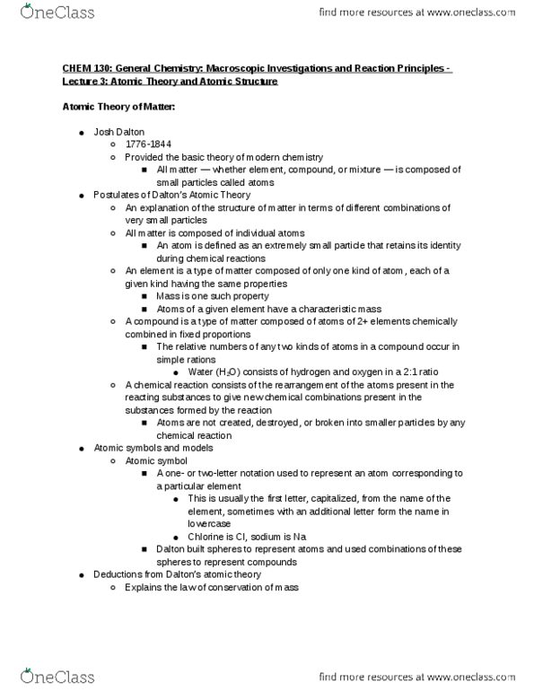 CHEM 130 Lecture Notes - Lecture 3: Cathode Ray, Elementary Charge, Atomic Number thumbnail