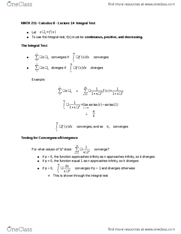 MATH 231 Lecture Notes - Lecture 14: Integral Test For Convergence thumbnail