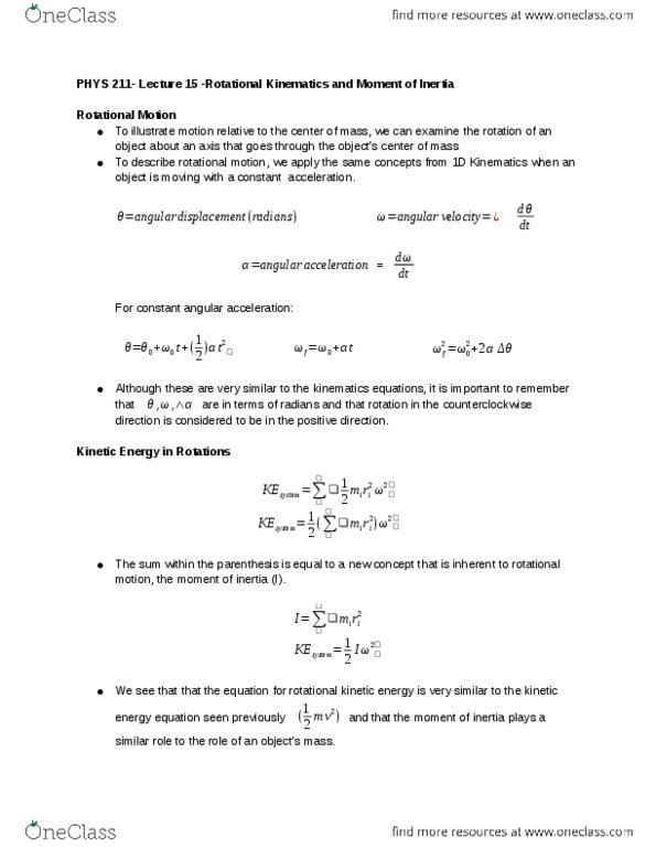 PHYS 211 Lecture Notes - Lecture 15: Rotational Energy, Angular Acceleration, Angular Velocity thumbnail