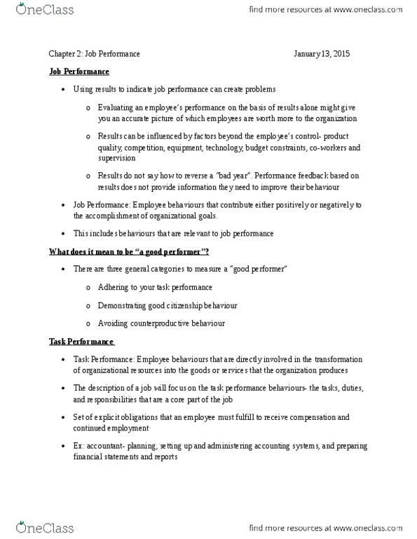 ORGS 1000 Chapter Notes -Job Performance, Job Analysis, Specific Performance thumbnail