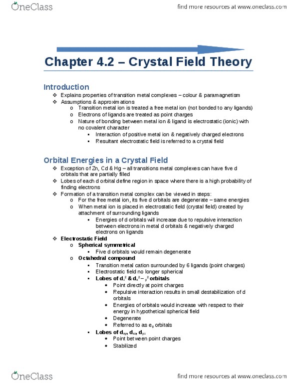 Chemistry 1027A/B Lecture Notes - Lecture 4: Coordination Complex, Crystal Field Theory, Theater For The New City thumbnail