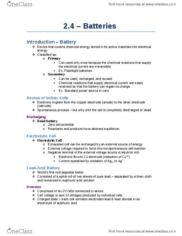 Chemistry 1027A/B Lecture Notes - Lecture 2: Electrolytic Cell, Lead Dioxide, Voltage Source thumbnail