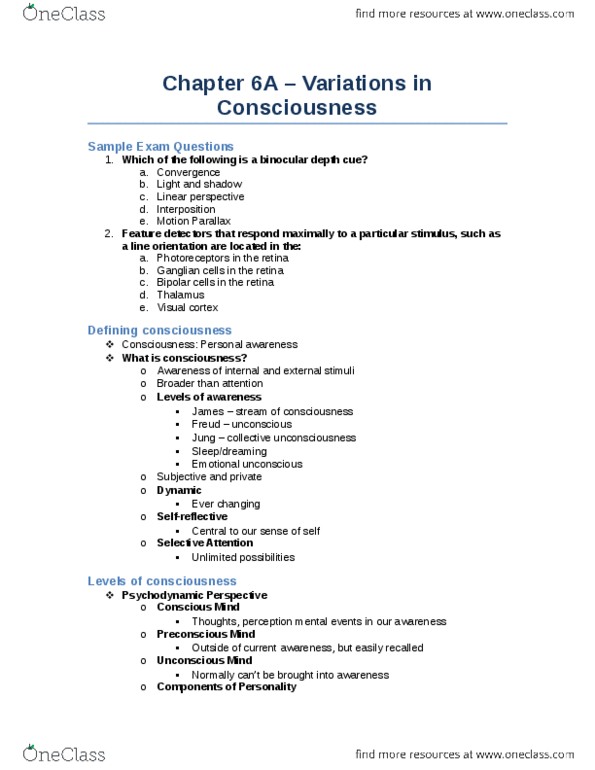 Psychology 1000 Lecture Notes - Lecture 6: Circadian Rhythm, Cosmic Consciousness, Richard Maurice Bucke thumbnail