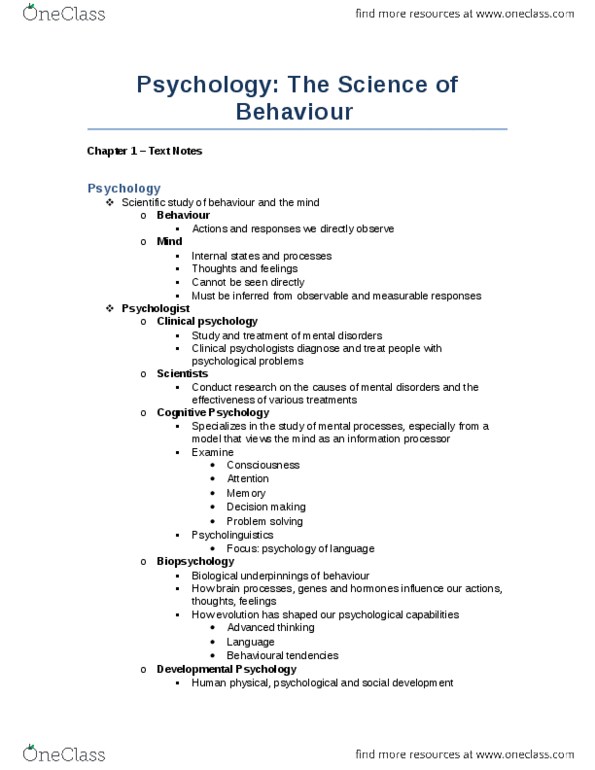 Psychology 1000 Chapter Notes - Chapter 1: Unconscious Mind, Empiricism, Clinical Psychology thumbnail