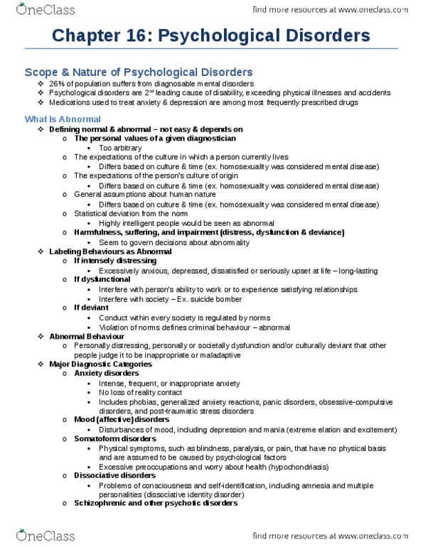 Psychology 1000 Chapter Notes - Chapter 16: Generalized Anxiety Disorder, Panic Disorder, Bulimia Nervosa thumbnail
