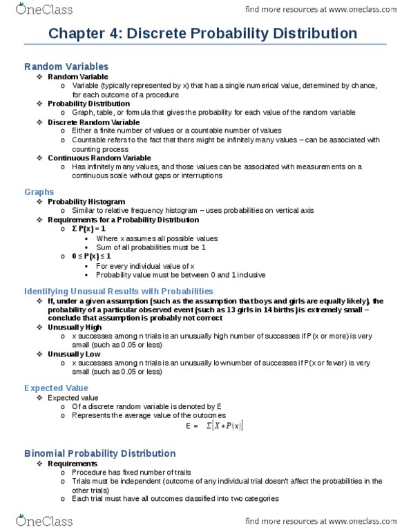 Biology 2244A/B Chapter Notes - Chapter 4: Binomial Distribution, Random Variable thumbnail