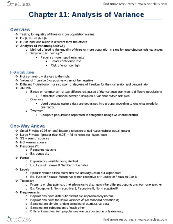 Biology 2244A/B Chapter Notes - Chapter 11: Null Hypothesis, F-Distribution, Test Statistic thumbnail