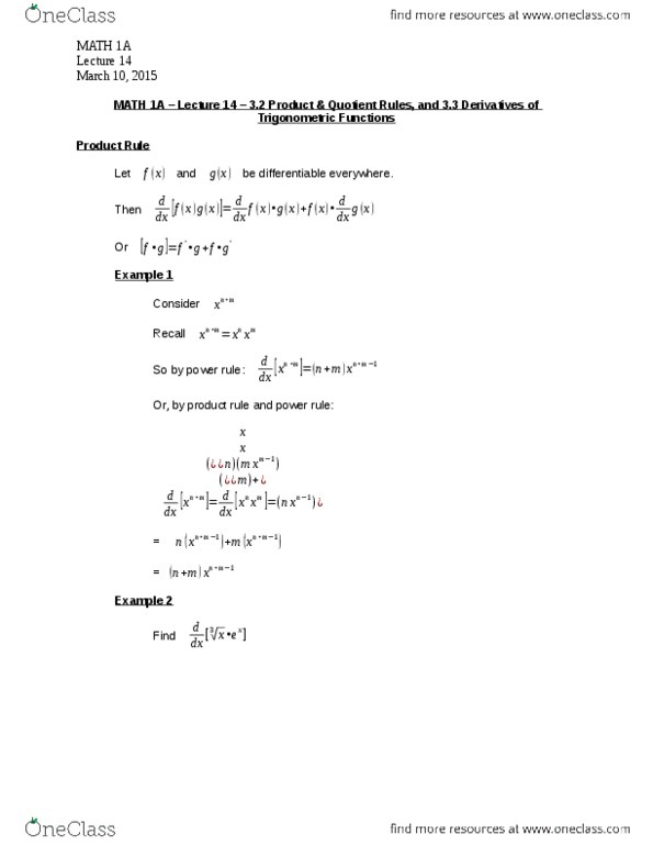 MATH 1A Lecture Notes - Lecture 14: Quotient Rule, Power Rule, Product Rule thumbnail