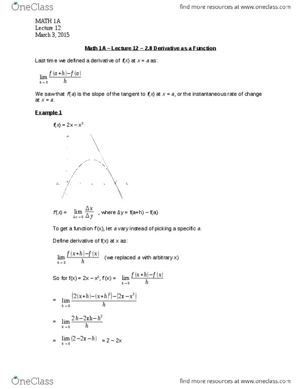 MATH 1A Lecture 12: MATH 1A – Lecture 12 – 2.8 Derivative as a Function.docx thumbnail