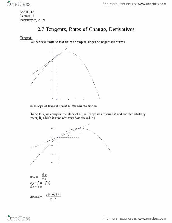 MATH 1A Lecture 11: MATH 1A - Lecture 11 - 2.7 Tangents, Rates of Change, Derivatives (February 26, 2015).docx thumbnail
