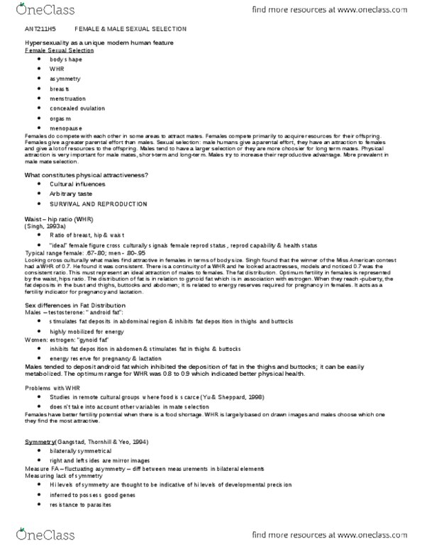 ANT211H5 Lecture Notes - Lecture 8: Symmetry In Biology, Facial Symmetry, Concealed Ovulation thumbnail