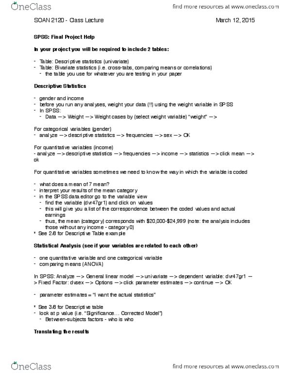 SOAN 2120 Lecture Notes - Lecture 20: General Linear Model, Descriptive Statistics, Dependent And Independent Variables thumbnail