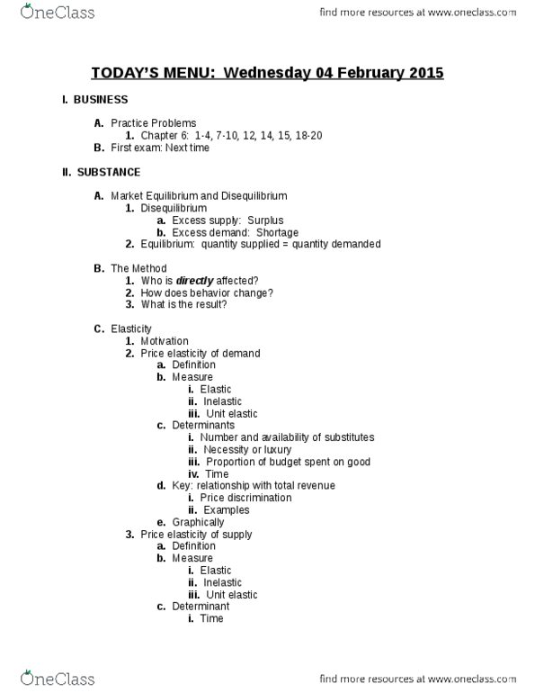 ECON 2030 Lecture Notes - Lecture 4: Excess Supply, Shortage, Economic Equilibrium thumbnail